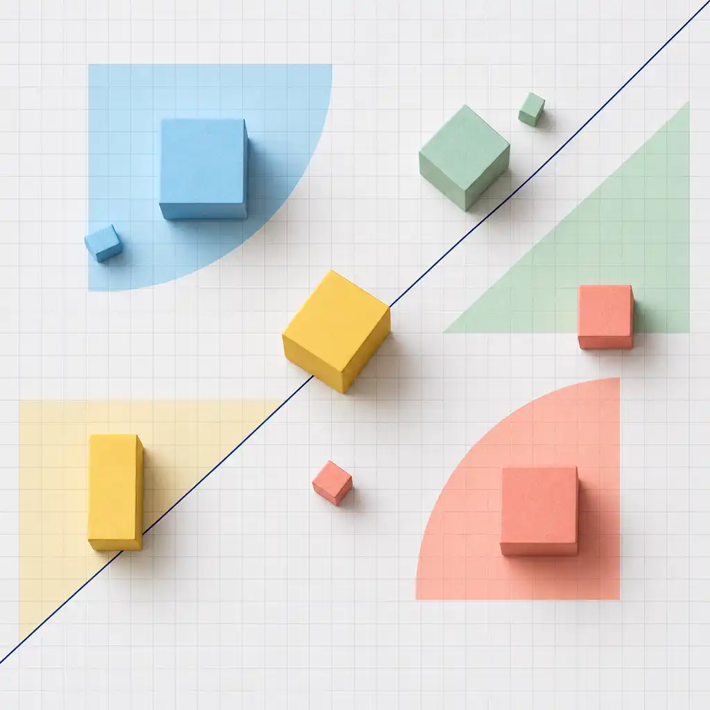 Ilustração editorial de cubos geométricos coloridos organizados sobre linhas de grelha finas.