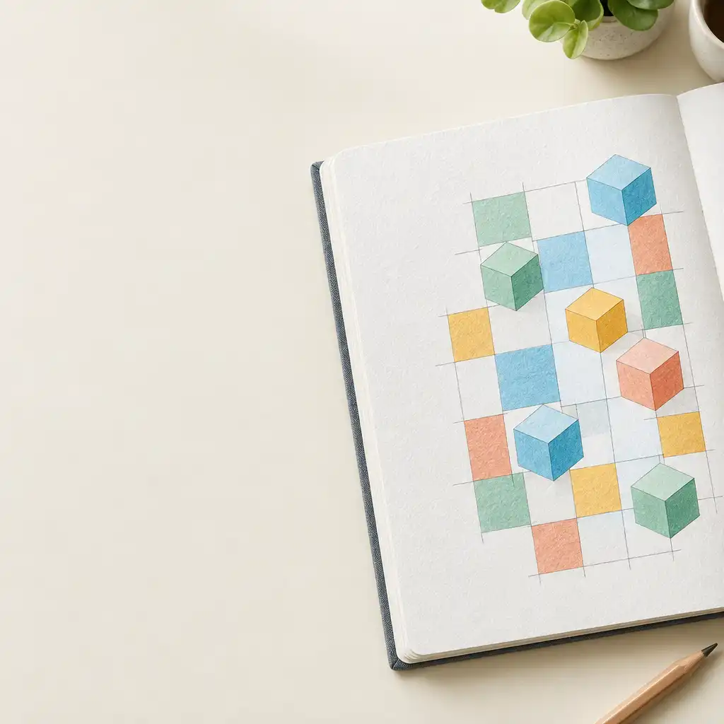 Ilustração editorial de células geométricas coloridas sobre um caderno, representando regiões lógicas.
