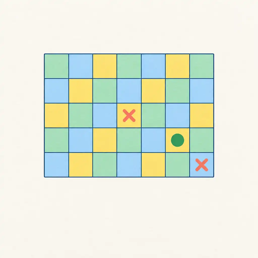 Diagrama editorial de células coloridas com duas exclusões coral e uma confirmação verde.