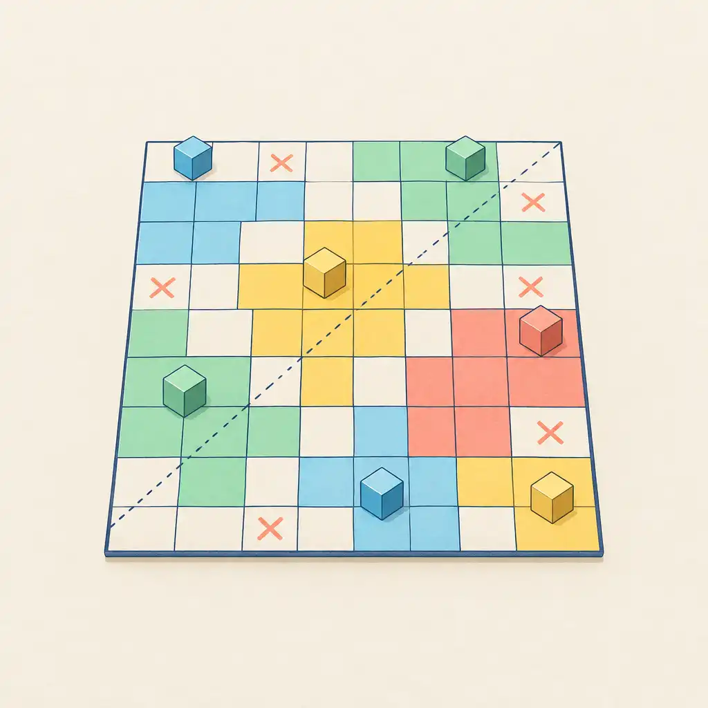 Ilustração editorial de uma grelha de puzzle com regiões azul, verde, amarela e coral, uma diagonal e exclusões marcadas com x.