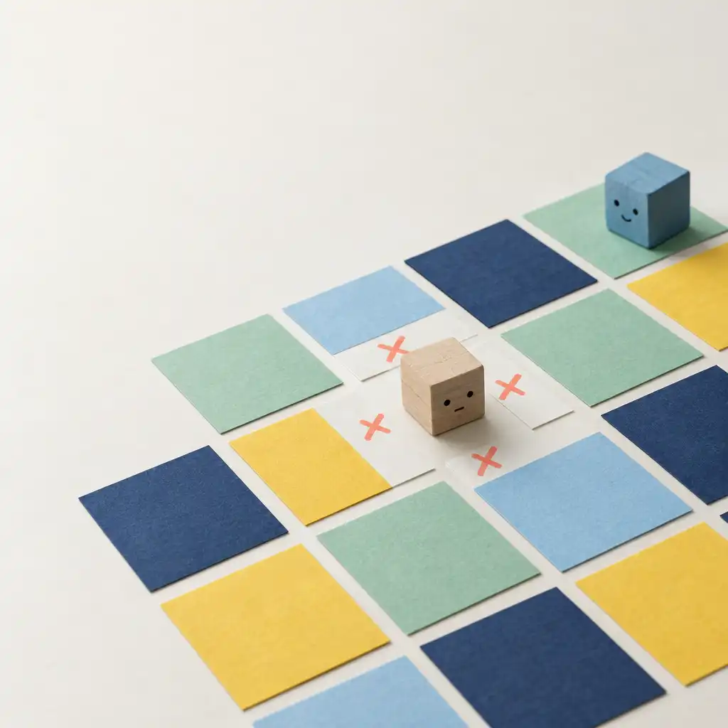 Ilustração editorial de peças geométricas coloridas e um cubo sobre uma grelha de papel.