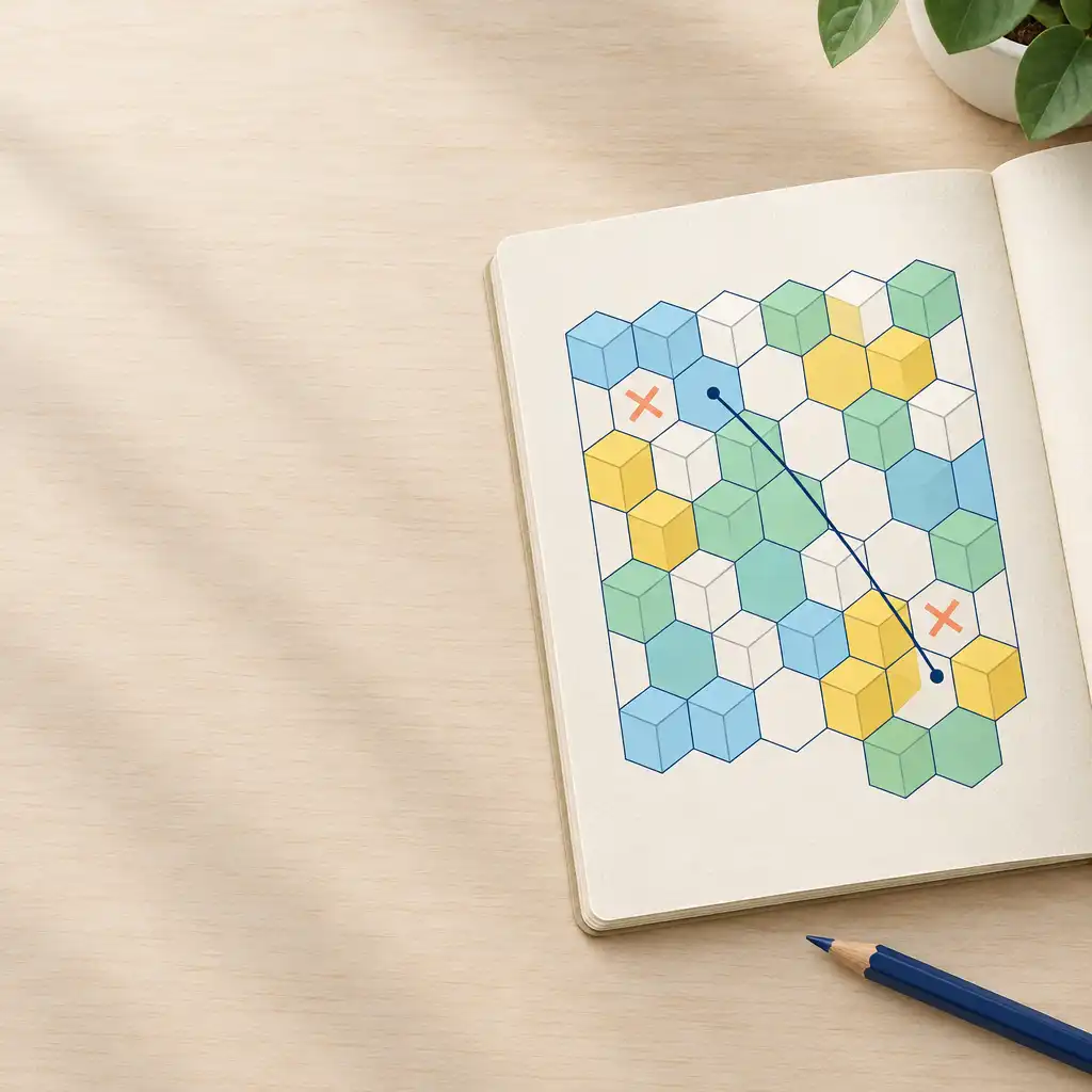 Ilustração editorial de um caderno com grelha de cubos coloridos, exclusões e uma linha de dedução
